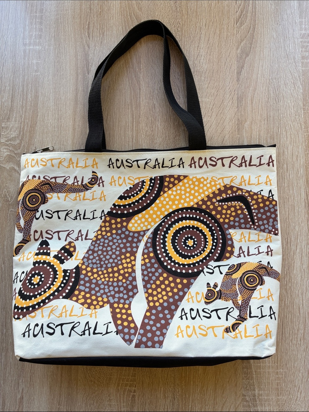 Australia Dot-Print Canvas Tote Bag in Cream, Brown and Yellow